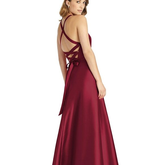 Alfred Sung 763..Full length, Halter, Lace-up Back, Satin Dress..Burgundy..Sz 0 - Picture 2 of 4